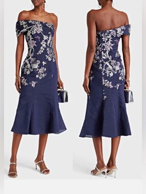 Marchesa Notte One-shoulder Gilded Floral Jacquard Midi Dress NEW NWT